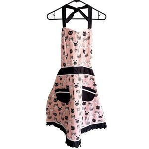 Pink Cat Print Apron Black Accents Hem Ruffle Pockets Tie at Neck/Waist One Size